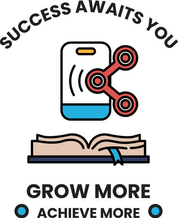 A black and white image of a phone with a book on top of it. The text reads "Success awaits you you grow more achieve more"のイラスト素材