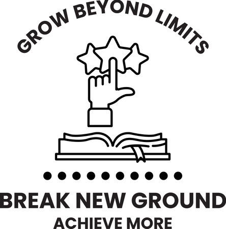 A hand pointing to a book with stars on it. The text below the hand says "Break New Ground" and "Grow Beyond Limits"のイラスト素材