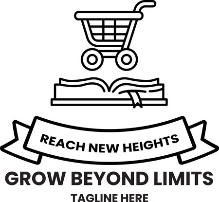 A black and white logo for a company that sells books. The logo features a shopping cart and an open book. The slogan "Grow Beyond Limits" is written below the logoのイラスト素材