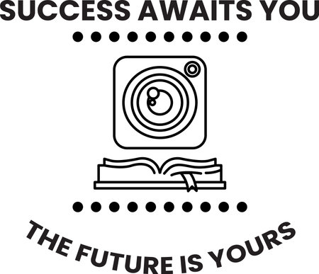 A camera is shown with the words "success awaits you" written below it. Concept of possibility and opportunity, suggesting that the camera is a tool for capturing and achieving successのイラスト素材