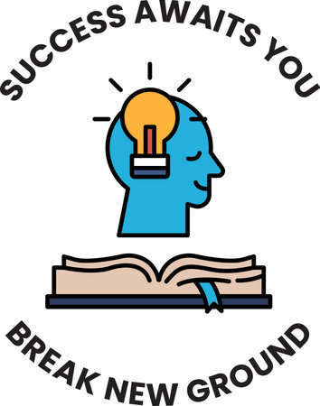 A man with a light bulb on his head is surrounded by an open book. The words "success awaits you" are written around the man. The image conveys the idea that success is attainable through hard workのイラスト素材