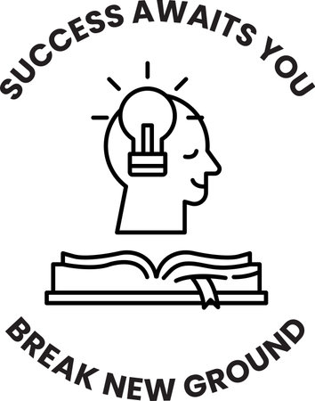 A man with a light bulb on his head is surrounded by an open book. The words "success awaits you" are written around the man. The image conveys the idea that success is attainable through hard workのイラスト素材
