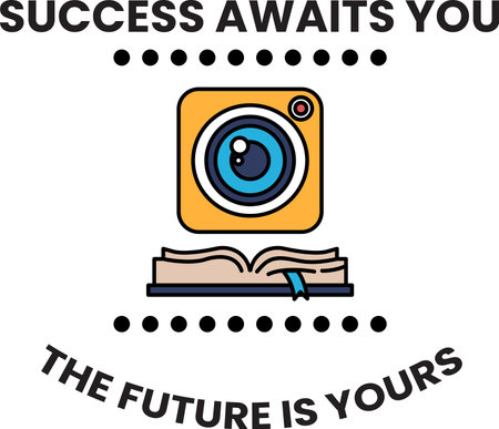 A camera is shown with the words "success awaits you" written below it. Concept of possibility and opportunity, suggesting that the camera is a tool for capturing and achieving successのイラスト素材