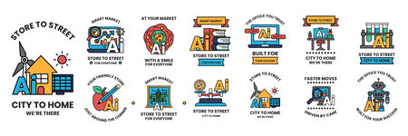 A Set of illustrations in AI or artificial intelligence in everyday life concept in line styleのイラスト素材