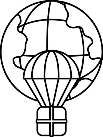 A black and white drawing of a hot air balloon with a globe in the background. The balloon is the main focus of the image, and it is floating above the globe. The drawing conveys a sense of adventureのイラスト素材