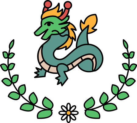 A black and white drawing of a dragon with a crown on its head. The dragon is surrounded by leaves and flowers, giving the image a whimsical and playful feelのイラスト素材