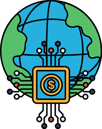 A black and white drawing of a globe with a dollar sign on it. The dollar sign is surrounded by a bunch of wires and circuits. Concept of technology and money being intertwinedのイラスト素材