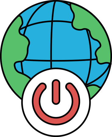 A globe with a power button on it. The globe is white and the button is black. The globe is surrounded by a circleのイラスト素材