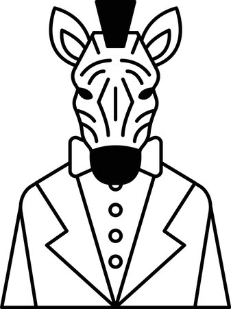A zebra wearing a suit and tie. The zebra is wearing a bow tie and has a mustacheのイラスト素材