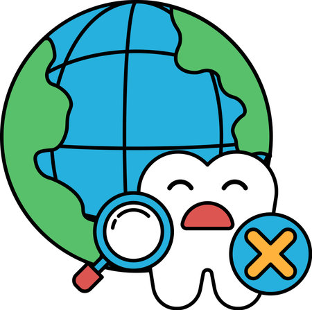 A toothbrush is shown with a globe in the background. The globe is surrounded by a magnifying glass, which is pointing to the toothbrush. The toothbrush is smiling, but the globe is looking sadのイラスト素材