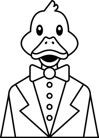 A duck wearing a suit and bow tie. The duck is smiling and looking up. The image is black and whiteのイラスト素材