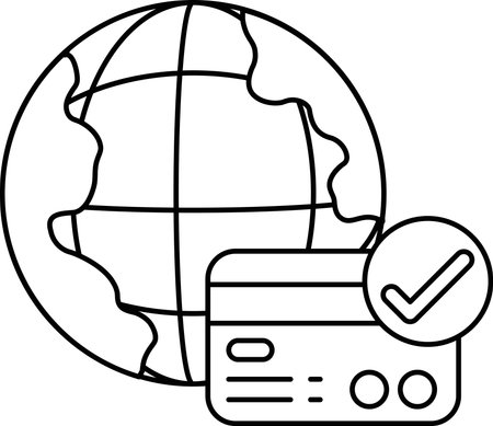 A check mark is on a credit card that is on a globe. The globe is surrounded by a borderのイラスト素材