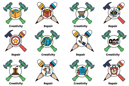 A set of tools, including hammers and scissors, with various symbols and words surrounding them. The symbols and words include "repair," "creativity," "repair," "repair," "repair," "repair," "repairのイラスト素材