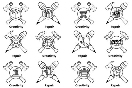 The image is a set of 12 different symbols, each representing a different concept. The symbols include a hammer, a pair of scissors, a clock, a book, a globe, a shopping cart, a person, a box, a cupのイラスト素材