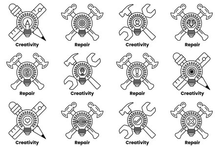 A series of symbols that represent different aspects of creativity and repair. The symbols include a hammer, a screwdriver, a wrench, a light bulb, and a pencilのイラスト素材