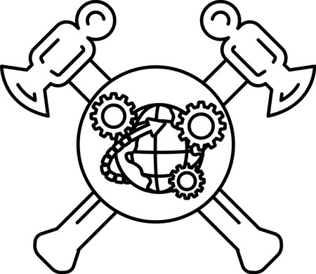 A black and white drawing of a hammer and anvil with a globe and gears in the middleのイラスト素材