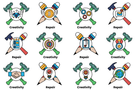 A set of tools, including hammers and pencils, with the words "repair" and "creativity" written below them. The tools are arranged in a grid pattern, with each tool having a different color and designのイラスト素材