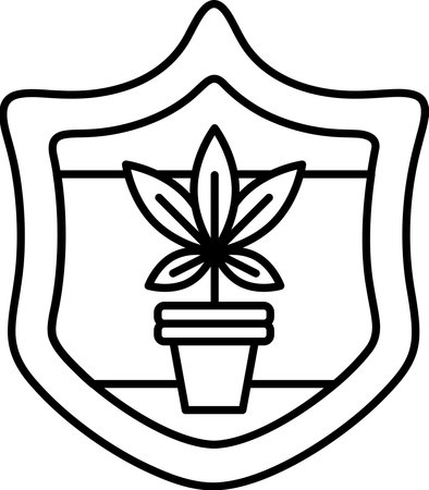 A black and white drawing of a plant in a pot. The plant is surrounded by a shield and the shield is outlined in blackのイラスト素材