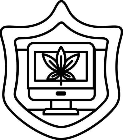 A black and white shield with a computer monitor on it. The shield is designed to resemble a computer monitor, with the monitor taking up a significant portion of the shield's surfaceのイラスト素材