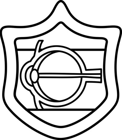 A shield with an eye on it. The eye is surrounded by a circle. The shield is whiteのイラスト素材