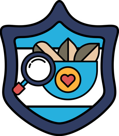 A blue shield with a magnifying glass and a heart. The magnifying glass is red and black. The heart is yellowのイラスト素材