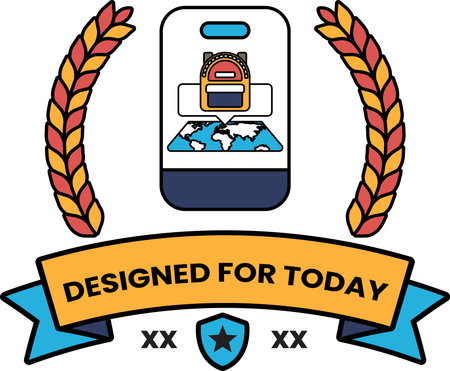 A logo for a phone app that is designed for today. The logo features a backpack and a globe, and the text is bold and colorfulのイラスト素材