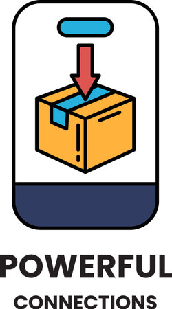 A box with a red arrow pointing down. The box is orange and yellow. The image is titled Powerful Connectionsのイラスト素材