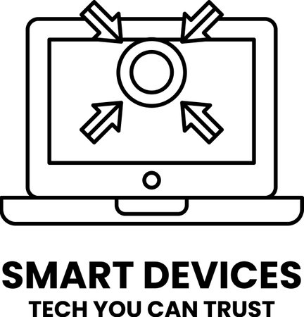 A laptop with a circle on it and arrows pointing to it. The text below the image says "Smart Devices" and "Tech You Can Trust"のイラスト素材