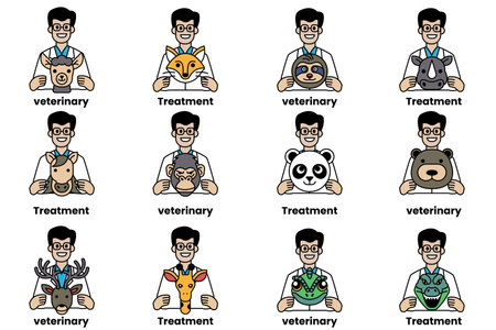 A man is holding a stuffed animal that has the word "treatment" on it. There are several other men holding stuffed animals with the word "treatment" on themのイラスト素材
