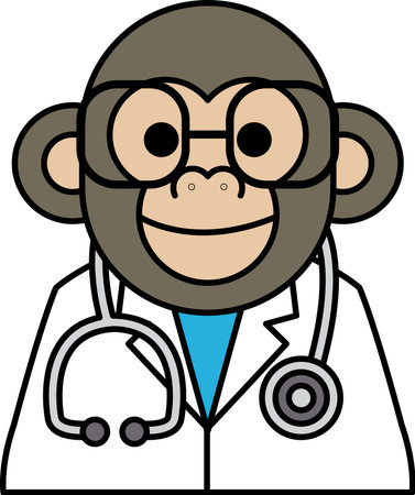 A cartoon monkey wearing a lab coat and glasses is a doctor. The monkey is smiling and he is happyのイラスト素材