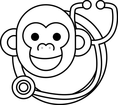 A cartoon monkey wearing a stethoscope. The monkey is smiling and he is happy. The stethoscope is yellow and blueのイラスト素材