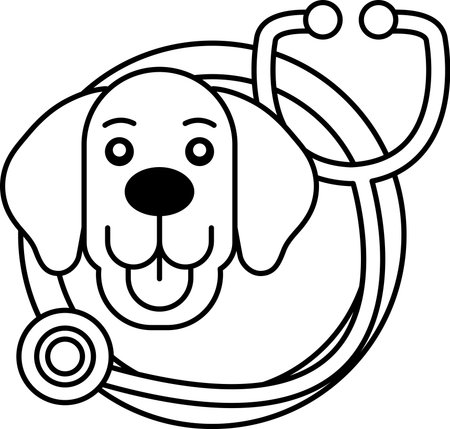 A cartoon dog with a stethoscope on its head. The dog is smiling and the stethoscope is blueのイラスト素材