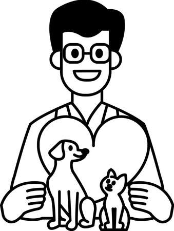 A man is holding a heart and three cats. He is smiling. Concept of warmth and happiness, as the man is surrounded by his pets and he is enjoying their companyのイラスト素材