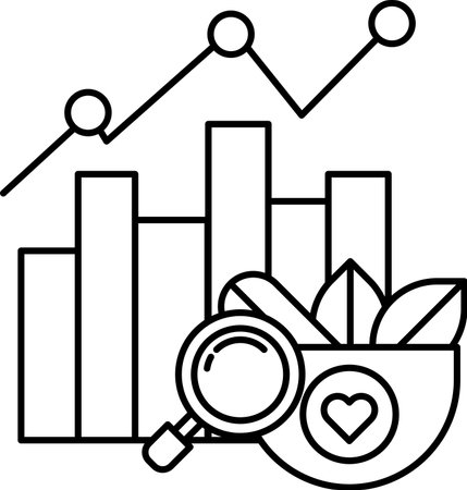 A graph with a magnifying glass and a heart in the middle. The graph shows a trend in the growth of a plantのイラスト素材