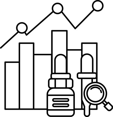 A graph with a line going up and down and a bottle with a magnifying glass on it. The graph represents data or trends, while the magnifying glass symbolizes the need to closely examineのイラスト素材