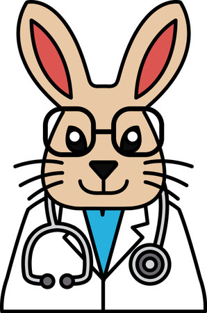A cartoon rabbit wearing a white lab coat and glasses is a doctor. The rabbit is smiling and he is happyのイラスト素材