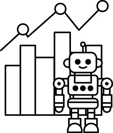 A robot stands in front of a graph with a smile on its face. The robot is surrounded by bars and lines, giving the impression of a futuristic, technological setting. Concept of innovation and progressのイラスト素材