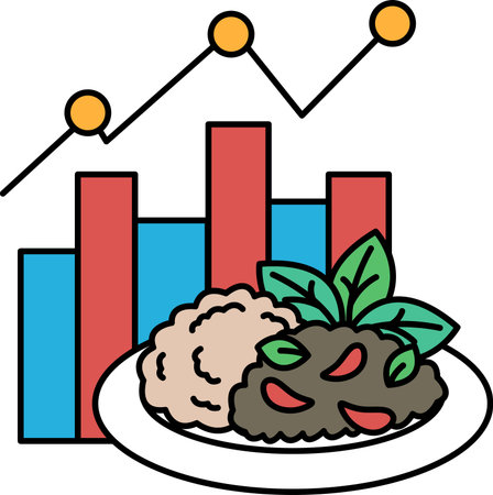 A plate of food with a graph of numbers above it. The graph shows a steady increase in the number of people eating healthy foodのイラスト素材
