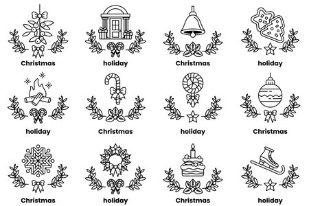 A set of illustrations in the concept of Christmas and holidays in a line styleのイラスト素材