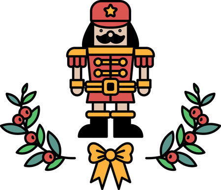 A red and yellow nutcracker stands in front of a wreath of leaves and berries. The nutcracker is...