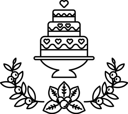 A cake with three tiers and a heart on top. The cake is on a plate and surrounded by leavesのイラスト素材