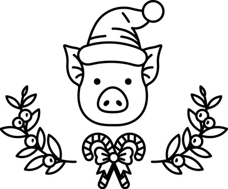 A pig wearing a hat and a bow is surrounded by leaves and candy canes. The image has a festive and playful mood, as it is a Christmas-themed drawingのイラスト素材