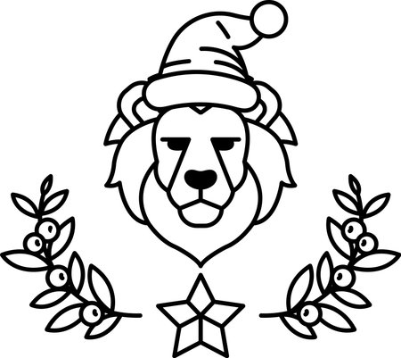 A lion is wearing a hat and standing in front of a star. The hat is white and has a red trim. The...