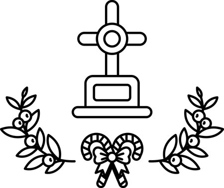 A cross is on top of a tombstone. The tombstone is surrounded by a wreath of leaves and a ribbonのイラスト素材