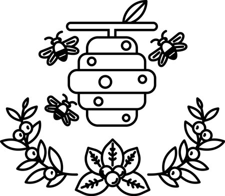 A black and white drawing of a honeycomb with three bees flying around it. The bees are positioned...