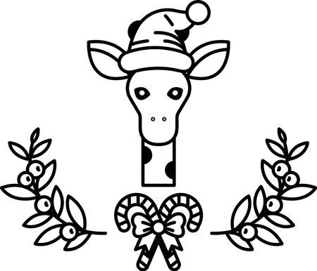 A giraffe wearing a Santa hat and a bow. The giraffe is surrounded by a wreath of leaves and a candy caneのイラスト素材
