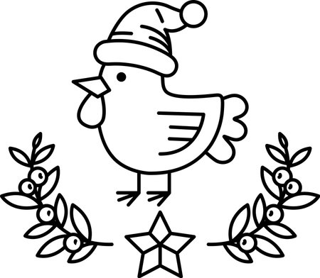 A black and white drawing of a chicken wearing a hat and standing in front of a star. The image has a festive and cheerful mood, as the chicken is dressed up for Christmasのイラスト素材