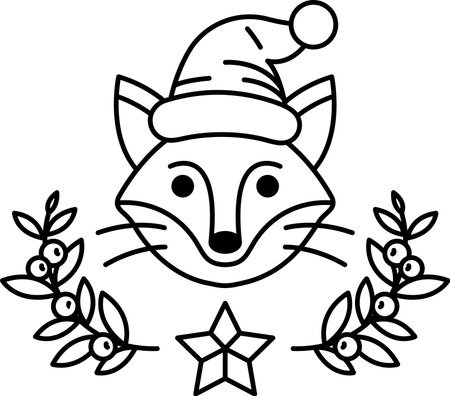 A black and white drawing of a fox wearing a Santa hat and a star in the background. The fox is the main focus of the image, and the hat and star add a festive touch to the drawingのイラスト素材