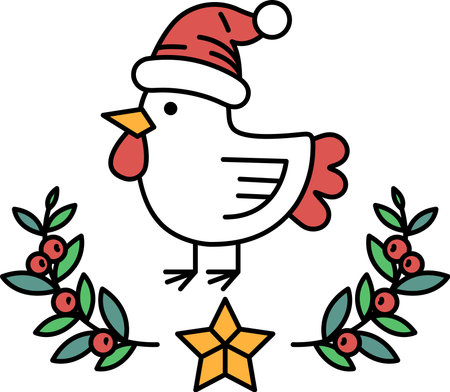 A black and white drawing of a chicken wearing a hat and standing in front of a star. The image has a festive and cheerful mood, as the chicken is dressed up for Christmasのイラスト素材