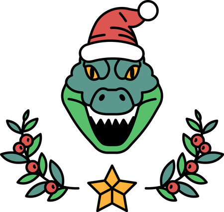 A cartoonish dinosaur with a Santa hat on its head. The dinosaur is surrounded by leaves and berries, and there is a star in the backgroundのイラスト素材